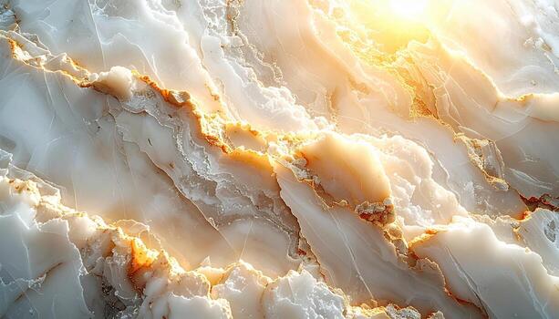 Elegant marble background texture shows flowing white and beige stone patterns with soft gold light enhancing the natural details, creating a warm aesthetic. photo