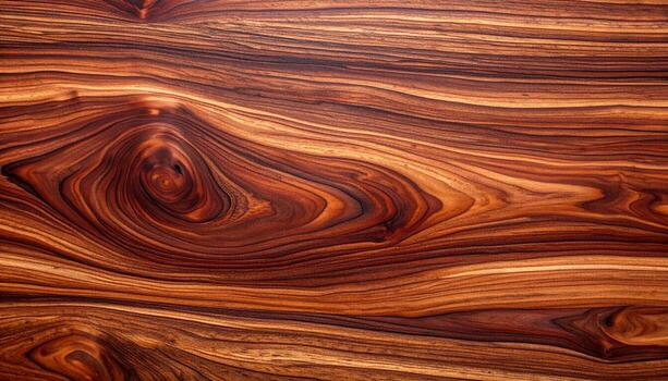 Close up shows a rich, dark wood grain with beautiful swirls and patterns, creating a warm and natural texture perfect for backgrounds or design elements. photo