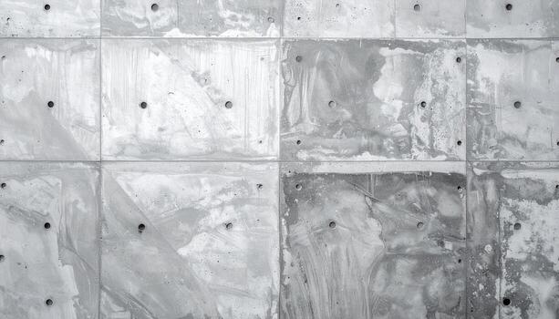 The textured concrete wall features square panels with varying shades of gray and small holes, creating a modern, industrial, and slightly weathered background look. photo