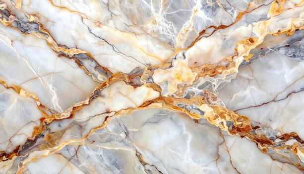 Luxurious marble surface showcases intricate veining patterns in gold, gray, and white, creating an elegant and timeless aesthetic for sophisticated designs. photo