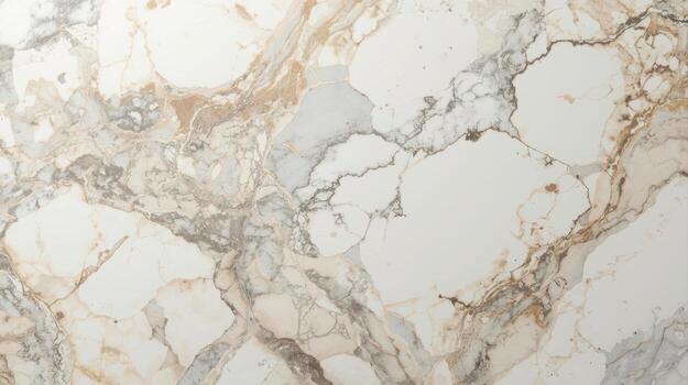 A close-up shot presents an elegant marble surface, displaying intricate veining patterns of white, gold, and gray tones, creating a luxurious stone texture. photo