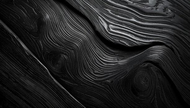 Dark textured surface exhibits a mesmerizing pattern of swirling lines, evoking a sense of organic growth and rhythmic movement across the wood grain texture. photo
