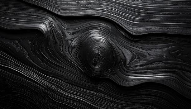 Detailed close-up of black rippled surface with swirling pattern, resembling organic material or liquid texture in dark and reflective shades showcasing depths. photo