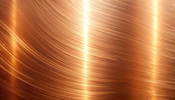 Shiny copper texture with brushed metal finish showing bright reflections and subtle curves, creating an abstract and industrial feeling background element. photo