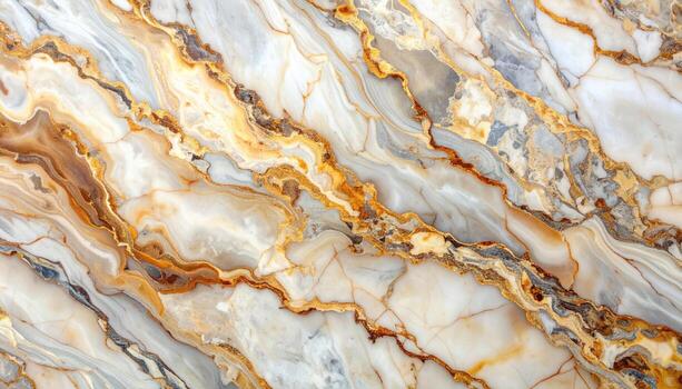 The detailed close up reveals the intricate patterns of white marble stone with golden and grey veins creating a luxurious and elegant natural background texture. photo