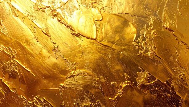An opulent textured golden surface displays glistening highlights and artistic brushstrokes, creating a luxurious and visually captivating abstract background design. photo