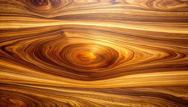 The polished, warm brown wood grain pattern shows swirling and flowing lines with a beautiful natural eye feature in the center of this wooden texture surface. photo