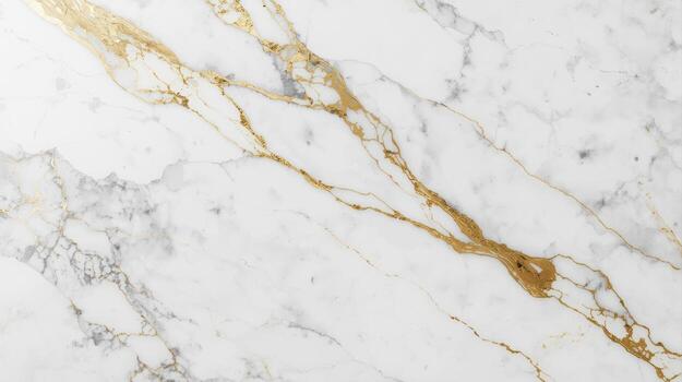 Elegant white marble stone surface featu luxurious gold veins creating an abstract pattern perfect for backgrounds, textures, and refined designs application. photo