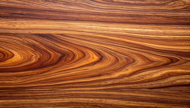 Close-up of a beautifully grained wood surface exhibiting swirls of dark brown lines contrasted against a lighter brown background, creating a rich texture. photo
