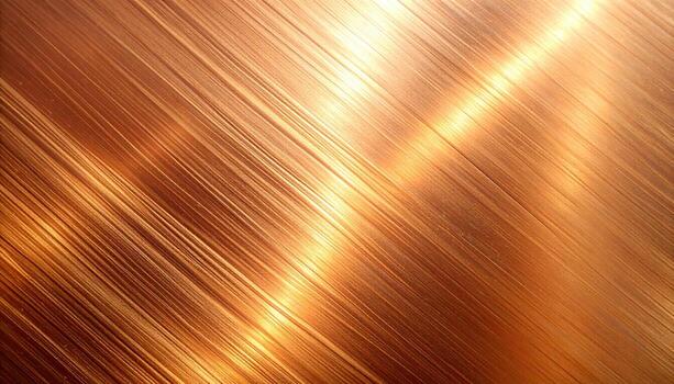 Shiny copper surface reflects light in parallel lines creating a warm metallic texture for industrial design and abstract backgrounds applications perfectly. photo