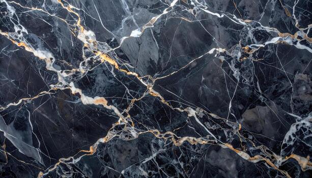 A high-angle close-up reveals the intricate patterns and delicate golden veins that run throughout the sleek dark surface of luxurious marble stone texture. photo