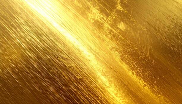 The shimme golden surface exhibits a rich texture with subtle linear striations, creating an abstract and luxurious background effect with warm vibrant highlights. photo