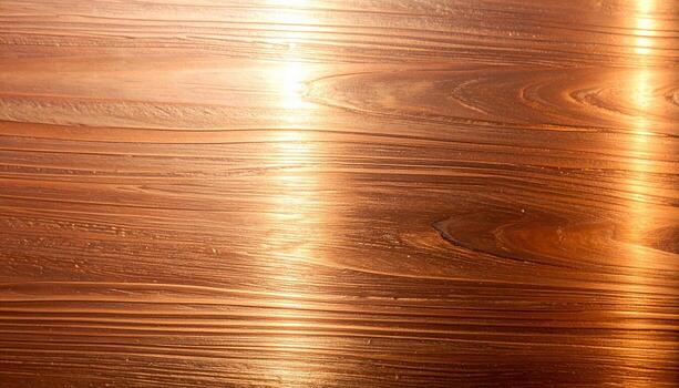 The shiny surface of copper colored metal creates a vibrant abstract background with beautiful horizontal lines and bright reflections, offe a textured look. photo