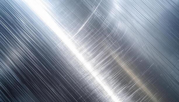 The abstract metallic surface displays swirling brush strokes reflecting light, giving the stainless steel material an interesting pattern and shiny appearance. photo