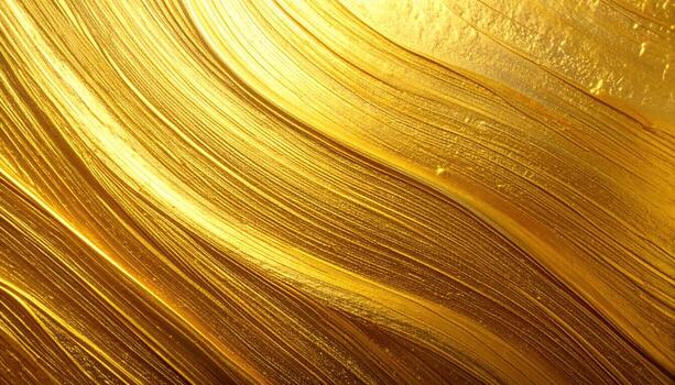 An abstract close-up shows fluid golden paint strokes layered together, creating a textured, luminous, and luxurious artistic background for design projects. photo