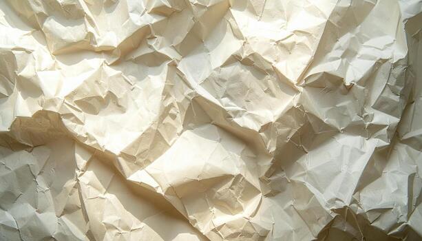 The textured surface of crumpled beige paper catches the light, creating a dynamic pattern of shadows and highlights, ideal for artistic backdrops or abstract designs. photo