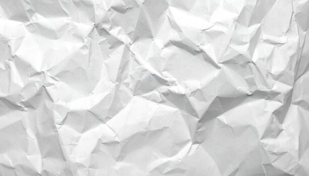 Crumpled white paper texture shows a close up view of the wrinkled surface creating an abstract and versatile backdrop suitable for various creative uses. photo