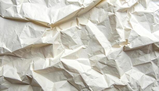 The abstract texture of crumpled cream-colored paper showcases shadows and highlights across its chaotic network of ridges and valleys, creating a tactile effect. photo
