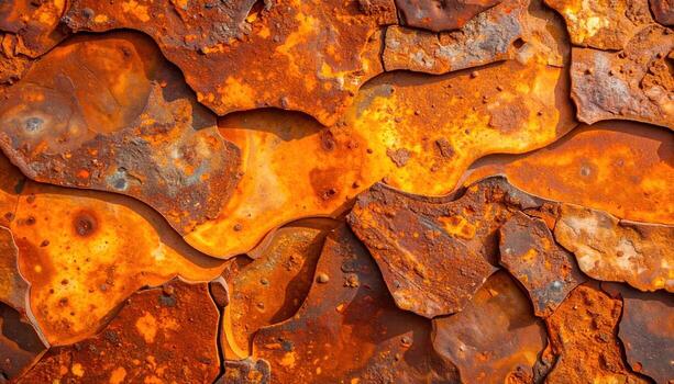 A textured surface of aged and weathered metal displays vibrant shades of rust, creating a captivating abstract pattern with its peeling and cracked layers. photo