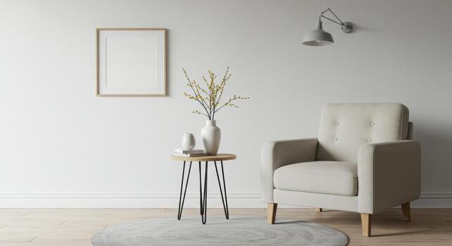 A cozy living room scene features a comfortable armchair, a small round table with a vase, a framed picture on the wall, and a stylish sconce creating a serene space. photo