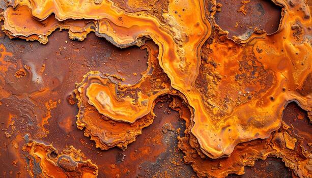 An intricate close-up of heavily textured and brightly colored rust formations on a weathered metal surface creates a unique and abstract pattern of decay. photo