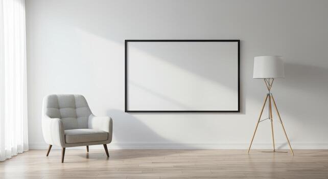 minimalista vivo habitación caracteristicas un blanco marco Bosquejo, elegante sillón, y un moderno lámpara creando un brillante y aireado atmósfera con madera dura red flu. foto