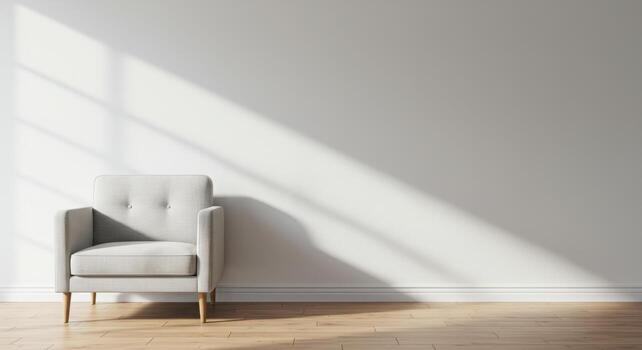 A light gray armchair with button accents is situated against a white wall with subtle light and shadow play, standing on a wooden floor in a minimalist room design. photo