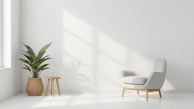 un Sillón se sienta junto a un planta cerca un ventana en un vacío habitación con luz de sol creando patrones en el llanura muro, dando un pacífico mínimo estilo estético. foto