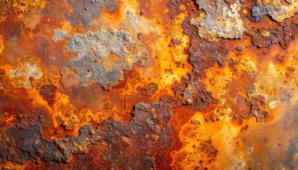 The aged metal surface displays a weathered texture with orange and brown rust, providing a raw and grunge-like pattern that creates an abstract visual texture. photo