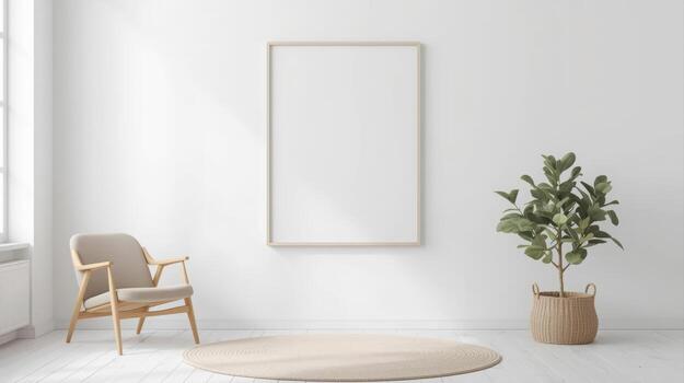 An empty frame hangs on the wall in a bright white modern living room with a beige armchair, round carpet, and a potted plant creating a serene atmosphere. photo