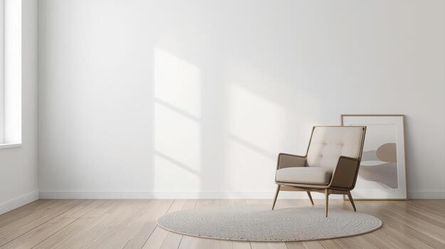 Minimalist living room with sunlight casting shadows on a white wall, a modern armchair, a round rug, and a framed artwork creating a serene atmosphere. photo