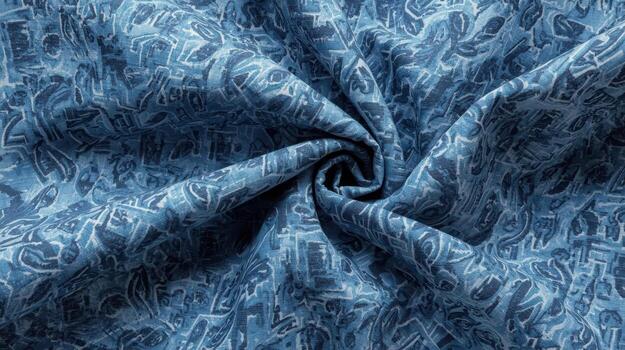 The intricate blue fabric showcases a mesmerizing display of floral and geometric patterns, creating a visually appealing and textured textile design element overall. photo