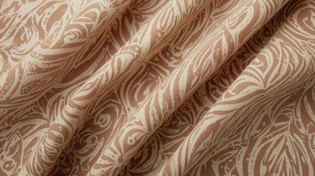 The intricately patterned beige fabric is draped with soft folds, showcasing the elegant design and texture in a close-up composition of luxurious material. photo