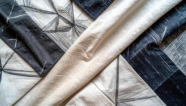An abstract closeup showcases a modern geometric quilt pattern, featu contrasting dark and light fabrics with intricate line work and subtle textured details. photo