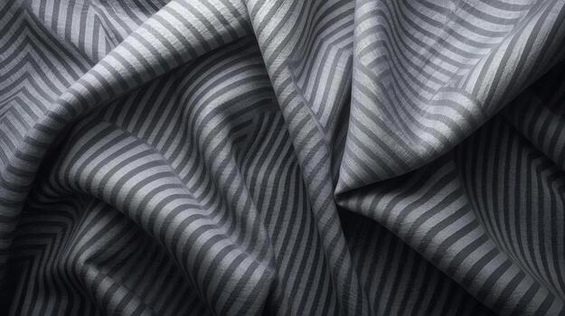 The elegant gray and white striped fabric is artfully draped, creating a visually appealing texture with its subtle pattern and soft, flowing folds. photo