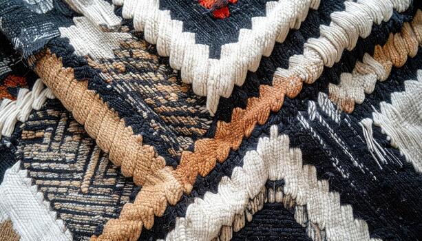 el intrincado patrones y texturas de esta tejidas a mano textil crear un visualmente atractivo diseño con un combinación de colores y geométrico formas foto