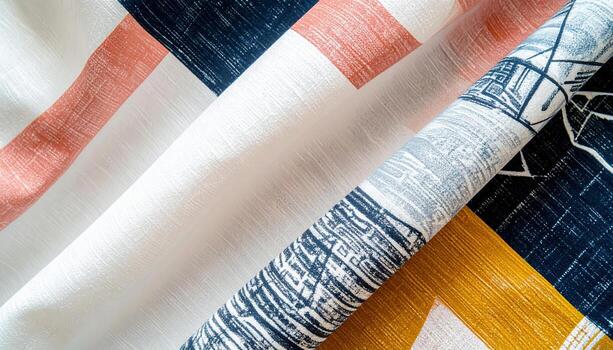 Abstract geometric pattern with intersecting lines and colorful blocks on a textured fabric creating a modern and artistic background for design projects. photo