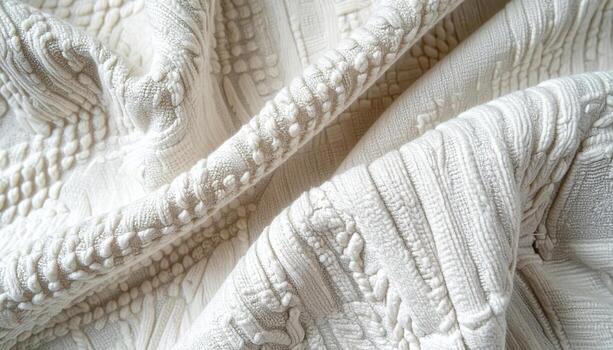 A beautiful creamy white textured fabric with raised patterns in a close-up shot, showcasing the intricate weave and soft, inviting nature of the textile material. photo