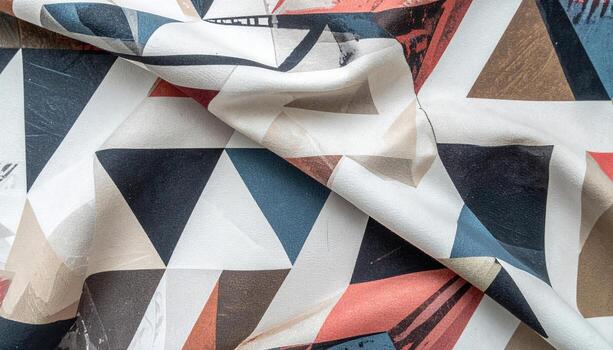 An abstract geometric pattern fabric with triangles and mixed color palettes creates a visually appealing and modern design suitable for textile arts projects. photo