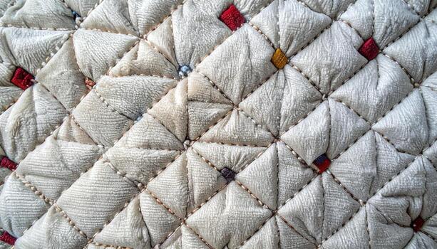 Intricate quilted fabric texture with raised diamond patterns and colorful square accents creates a warm, textured backdrop perfect for various design applications. photo