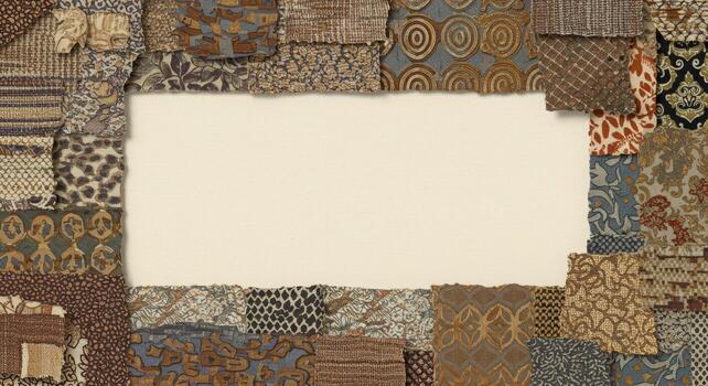 An array of intricately patterned textile swatches are arranged around a neutral rectangular space creating a unique textured frame for creative design use. photo