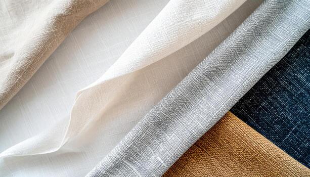 Assorted natural linen fabrics in neutral tones, carefully arranged to showcase their unique textures and weave patterns in a soft, diffused light setting. photo