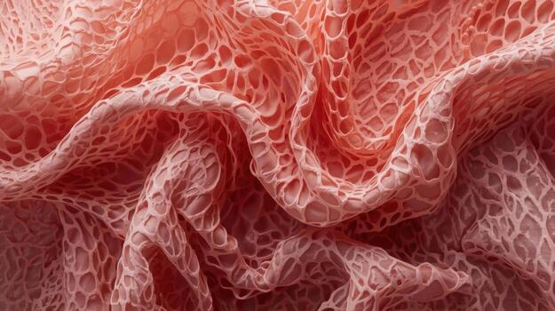 The intricate folds of delicate coral lace fabric create a soft, textured background with an organic, net-like pattern that suggests luxury and elegance beautifully. photo