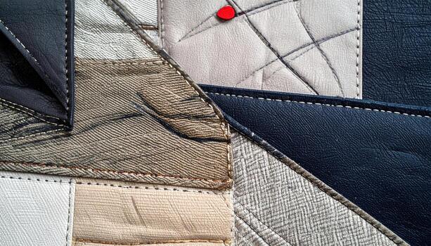 Close up of a handcrafted leather patchwork design featu various textured and colored pieces stitched together with a single red pin detail on a light square. photo