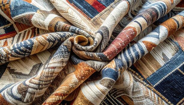 A textured woven fabric with a multicolored geometric pattern is folded and swirled creating a visually appealing abstract design for backgrounds and textiles. photo