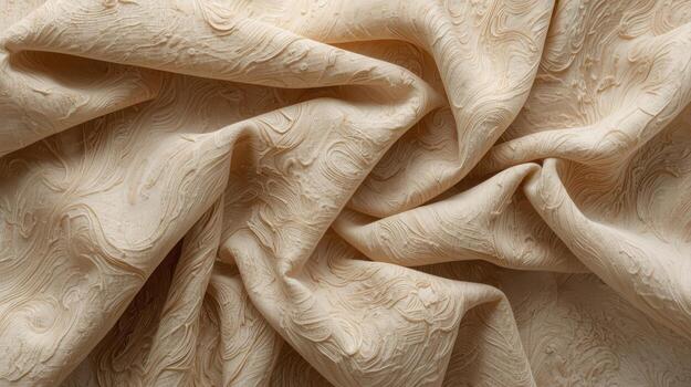 Elegant beige fabric with a subtle swirling pattern is artfully draped, creating soft folds and a luxurious texture perfect for background designs and textiles. photo