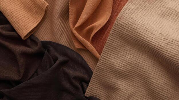 Various textured fabrics in warm earthy tones are draped and layered, creating an inviting, tactile surface perfect for backgrounds or textile design mockups. photo