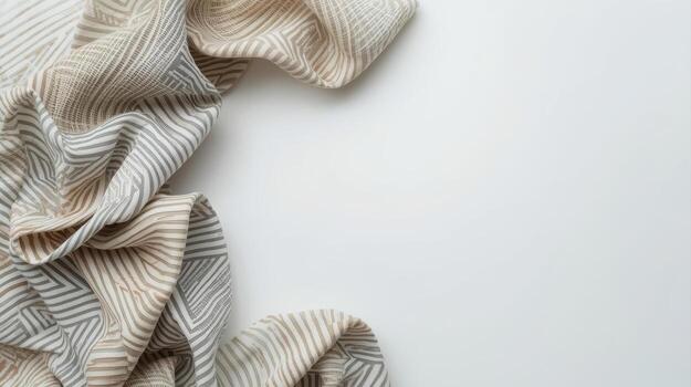 A beige and gray patterned fabric is draped elegantly on the left side against a clean white background, providing a soft and textured backdrop with copy space available. photo