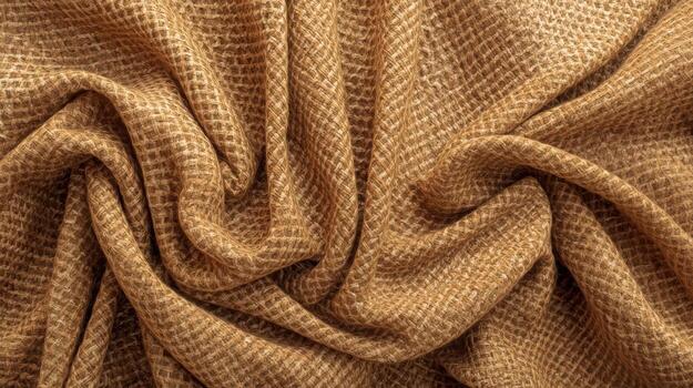 The detailed texture of a draped, waffle-patterned brown fabric reveals its rich, woven surface, suggesting warmth and inviting tactile exploration of its folds. photo