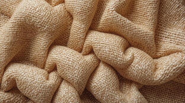 The detailed close up reveals the rustic texture of a natural burlap sack fabric, its folds and creases creating a visually appealing and organic background element. photo